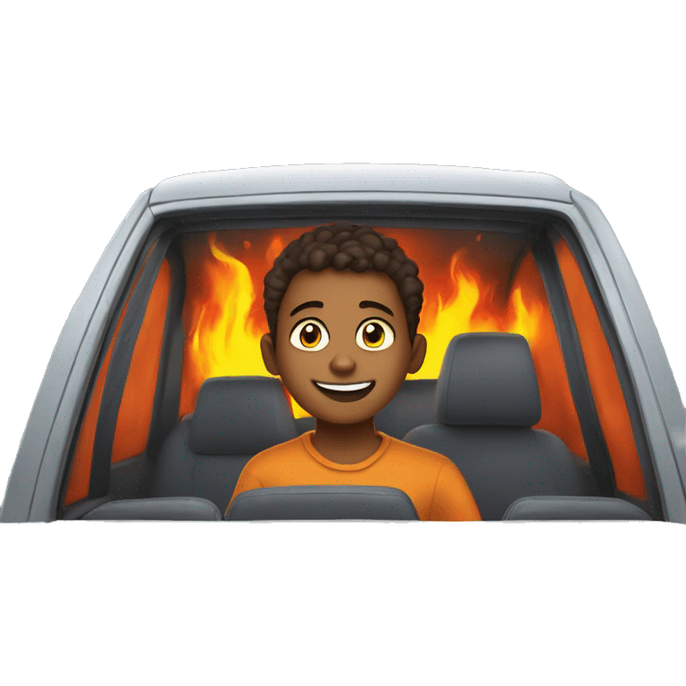 smiling boy in car interior in a fiery box emoji