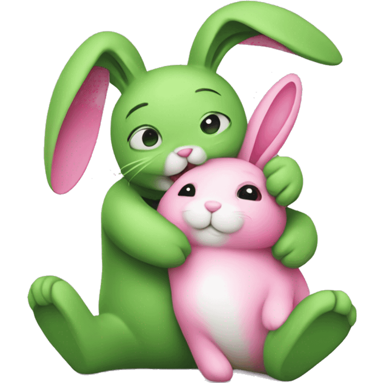 Green bunny hugging pink bunny emoji