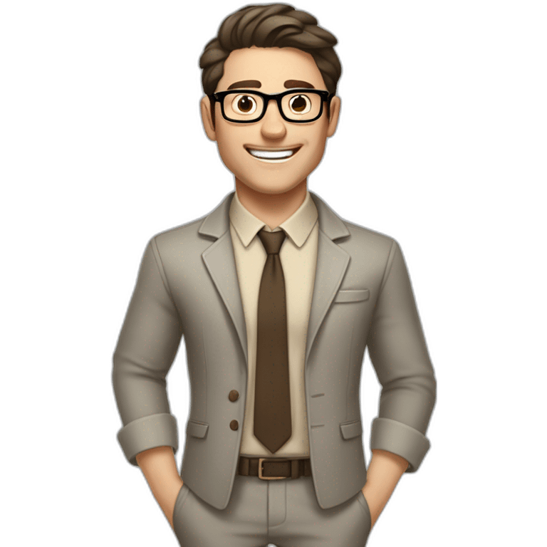 Joyful Pale skinned Fit Man With dark brown hair in gray jacket, beige office shirt, Brown pants and vintage glasses. His thrumbs up emoji