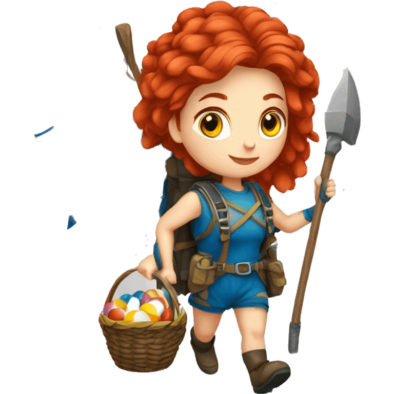 Greek Female winter mountaineer red hair white skin climbing with Greek Flag and Easter eggs basket emoji