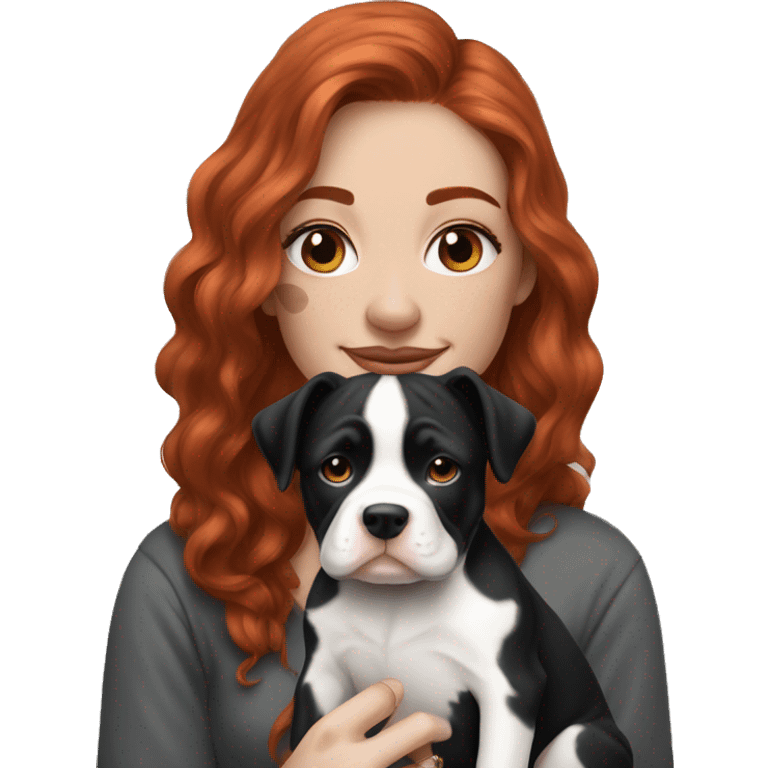 Long Red haired woman with septum piercing holding black and white English Staffordshire puppy emoji