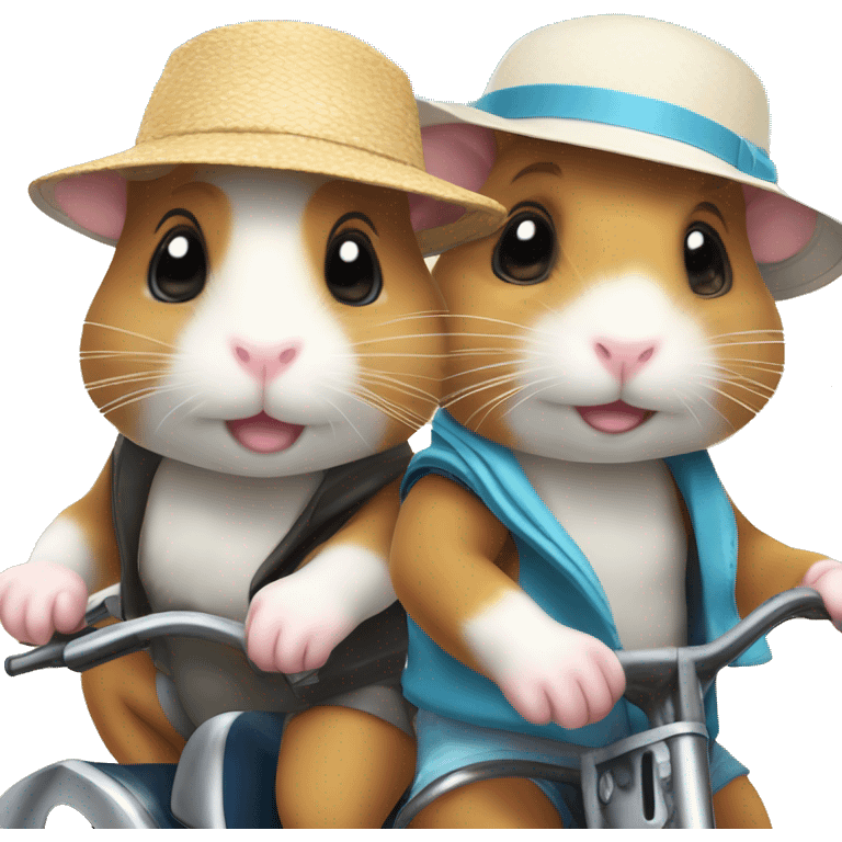 Two hamsters wearing swim shorts and sun hats driving by motorbike on the beach emoji