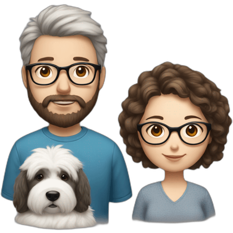 Hyperrealist pregnant girl with half long brown hair with glasses, a boy with long beard, glasses and short hair and english sheepdog emoji