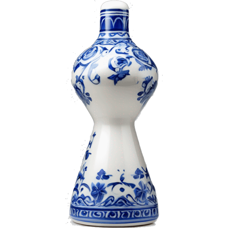 The Clase Azul Tequila bottle is tall and hourglass-shaped, with a wide base that tapers towards the neck. Its white ceramic body is decorated with cobalt blue floral designs, and it’s topped with a complete gray, bell-shaped stopper that curves inward  emoji