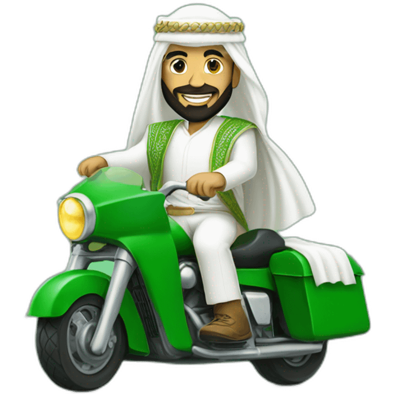 prince from Saudi Arabia with a beard in a white  shemagh national headdress riding  on a green tank, smiling emoji