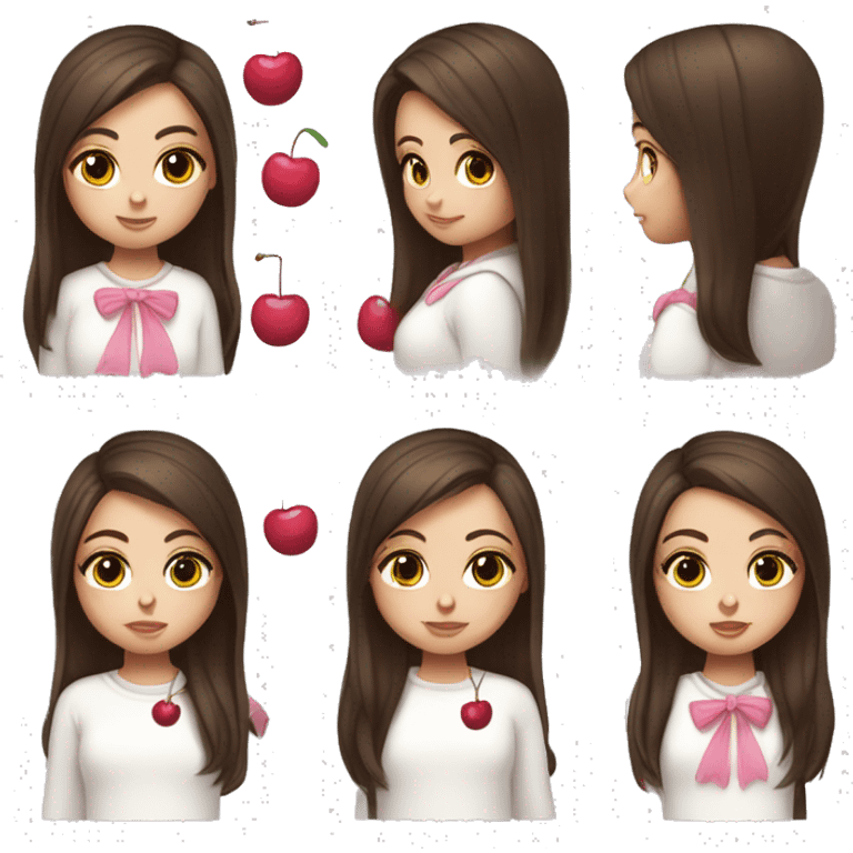 cute girl with dark long straight brown hair in white sweater with cherry print and pink bow in hair on the side emoji