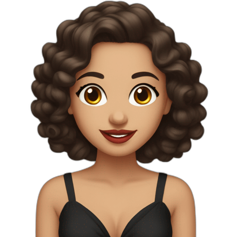 young moroccan woman with dark brown eyes, brown long curling hair with lighter tips, red lips, big smile, cleavage black dress emoji