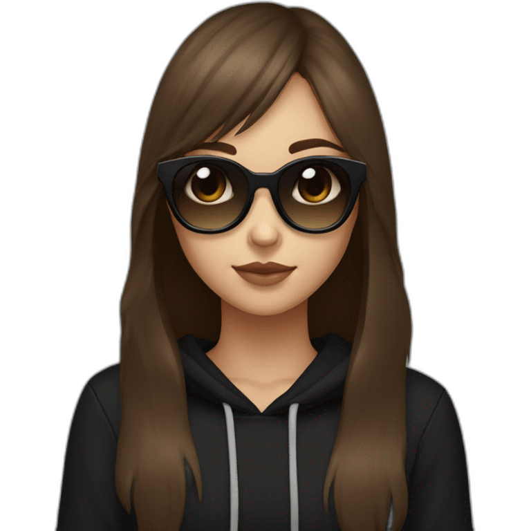 a girl with brown medium hair and with long bangs to eyes, Brown eyes; she have a black cat in hands; she have a black square sunglasses; she's wearing a black hoodie emoji