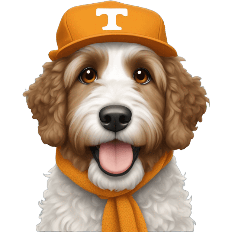 Bernedoodle with University of tennessee hat and scarf emoji