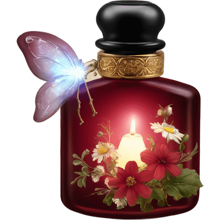 Dark red magic fairy light sparkling old Antique oil perfume bottle with herbal and flowers emoji