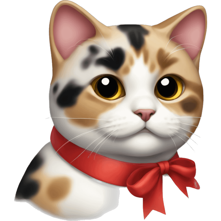 Chubby Calico cat with black spots wearing a red ribbon around its neck  emoji