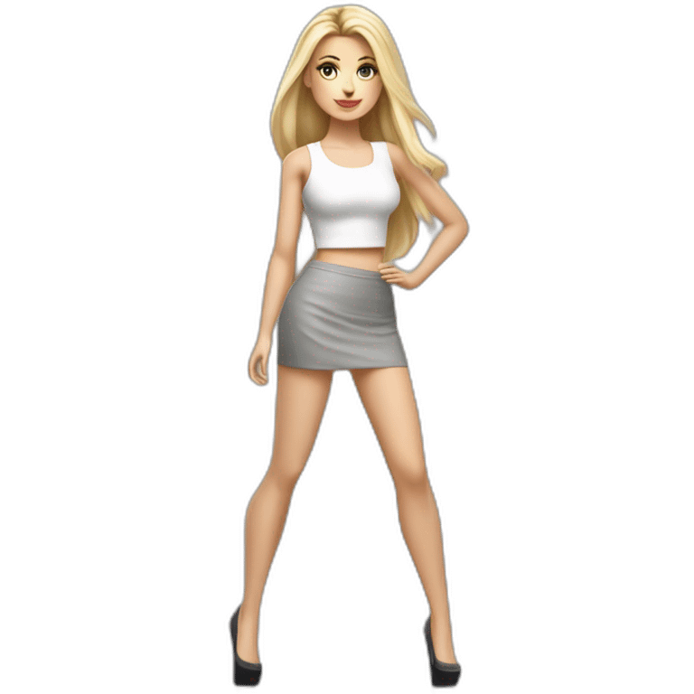 hyperrealist caucasian long straight blonde hair sexy woman white crop tank top gray tight mini skirt black high heel shoes full body emoji