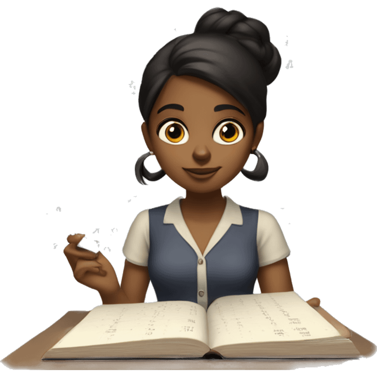 Black-haired brown girl doing statistic math, smart looking, with a book and calculator in front of her. Math and numbers spinning around her head like shes thinking emoji