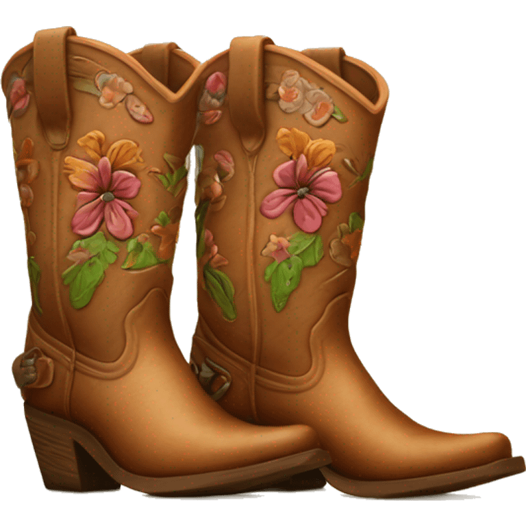 Realistic pair of isolated rleather wooden tooled flower pattern cowgirl boots. emoji