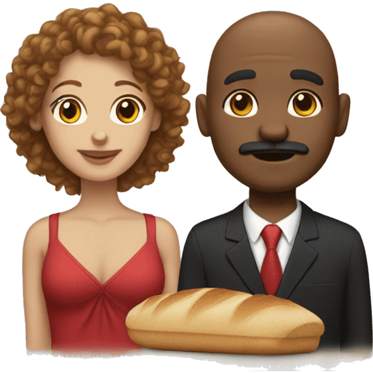 Light skin girl with curly brown hair with red at the bottom and a black bald man with a bread and mustache emoji