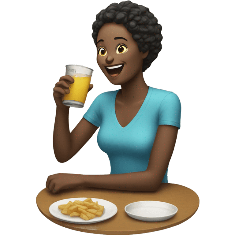 Woman eating and drinking while laughing  emoji