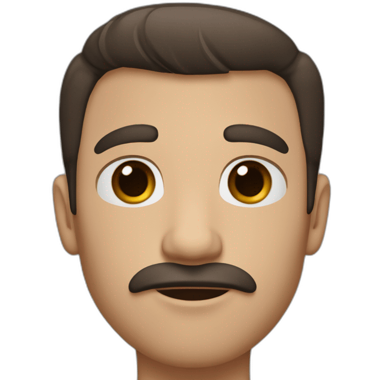 White man with dark brown shag haircut, thick eyebrows, soulful brown eyes, large ears, pronounced cheekbones, and a simple moustache. emoji