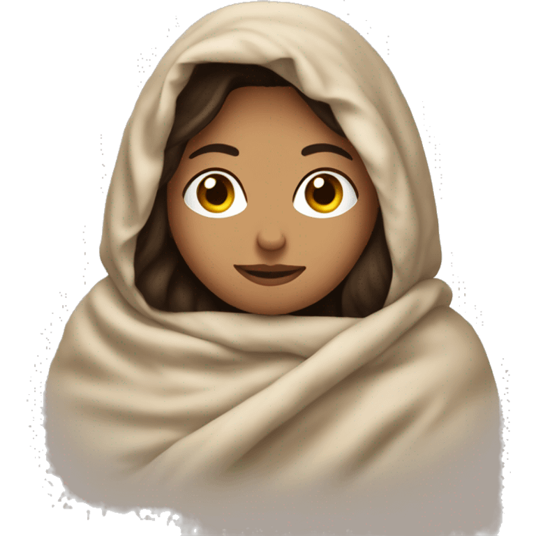 Brunette woman cuddled in a big blanket emoji