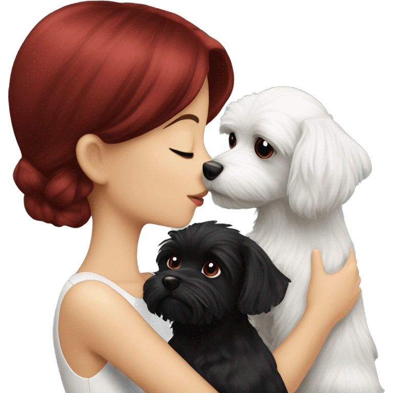 Dark-red-haired girl kiss her Black-Maltese-Black-dog emoji