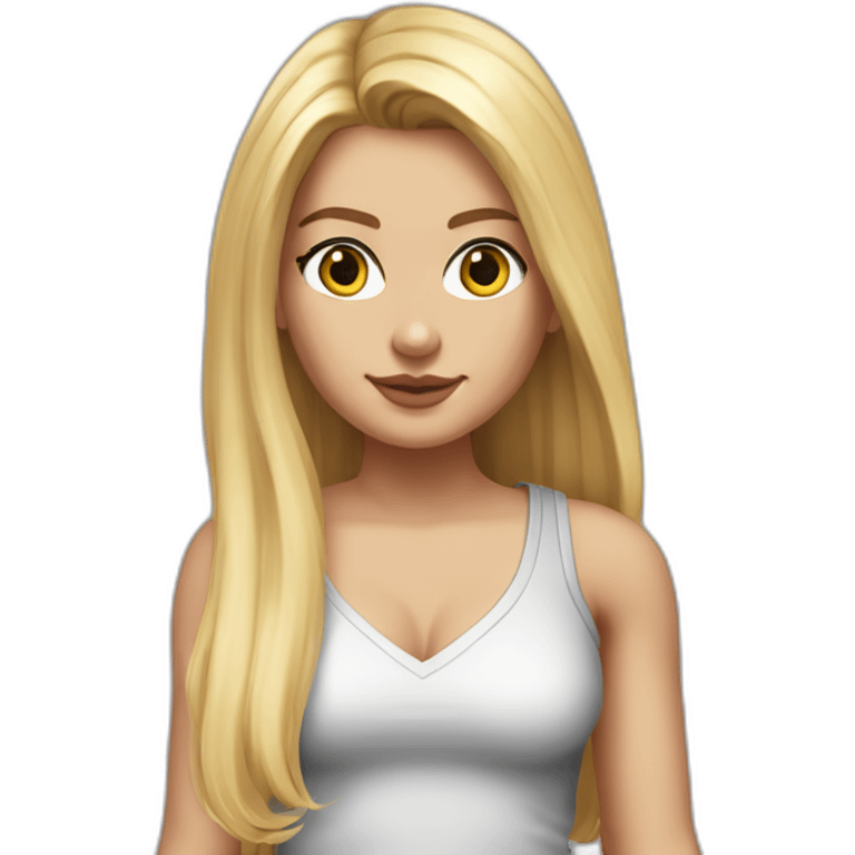 hyperrealistic caucasian blonde, long straight hair, white deep v-neck crop tanktop, gray tight mini skirt emoji