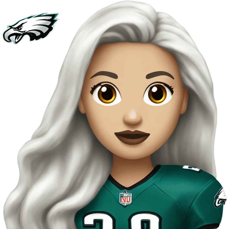 White female long dark hair red lips wearing Philadelphia Eagles jersey emoji