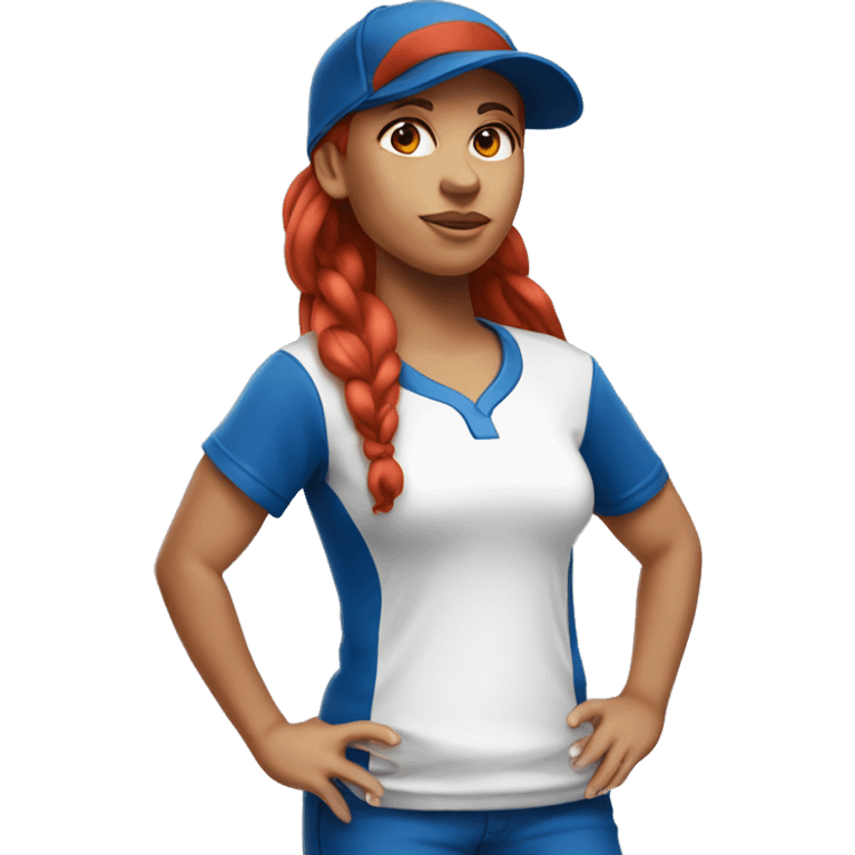 front facing standing up female coach with long red hair, wearing a white t-shirt and a simple baseball blue hat emoji