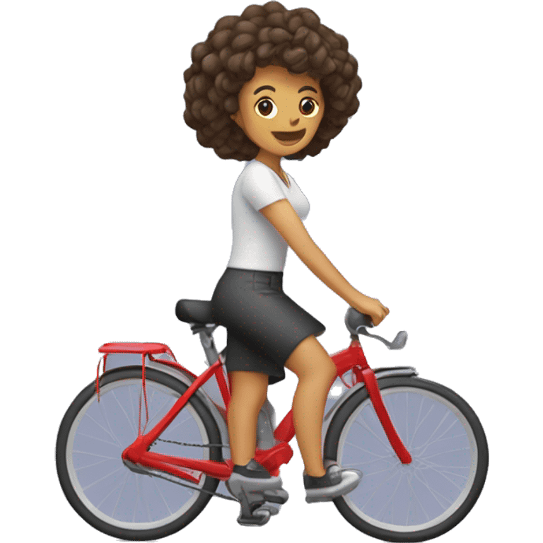 mujer con el pelo rizado corto montada en una bicicleta profecional emoji