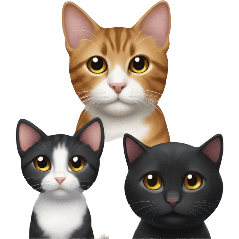 a black tuxedo cat, a brown tabby cat, and a black kitten  emoji