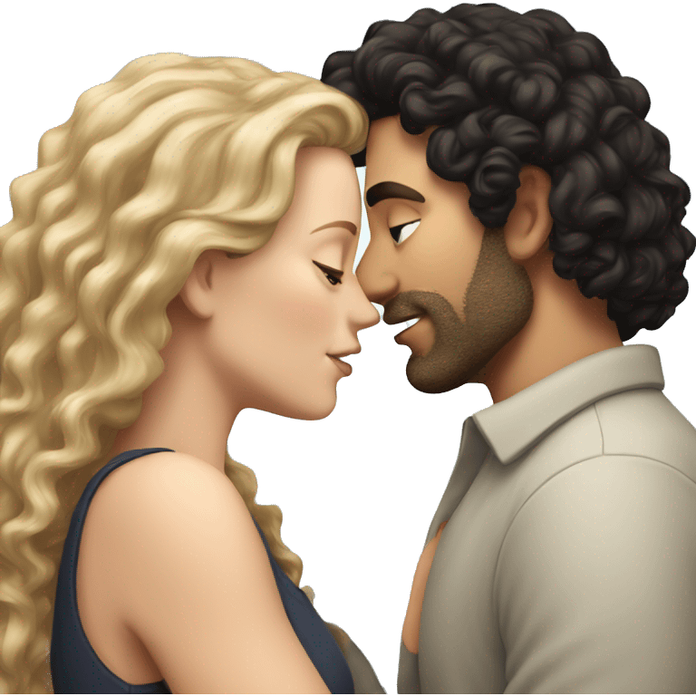 White Man with dark hair kissing white woman with long dark curly hair emoji