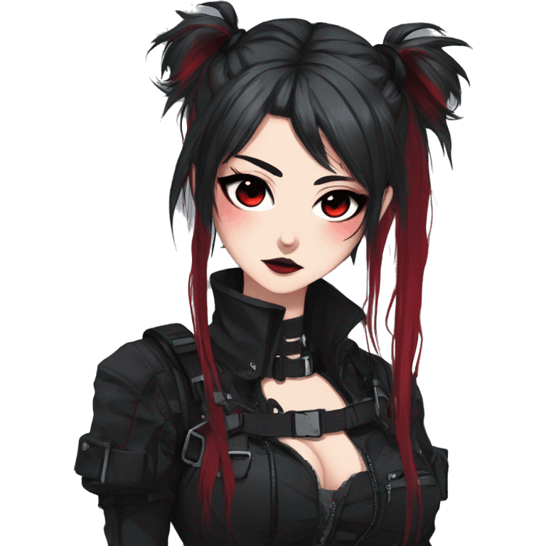 Gorgeous gothic dark techwear anime style lady with blushing face aesthetic and pretty edgy black red punk messy ponytail hair with collar and harness trending style emoji