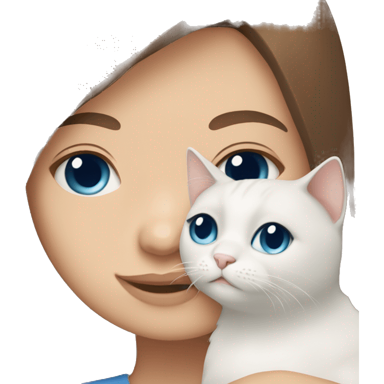 Brown straight hair and eyes girl cuddling White cat with bleu eyes emoji