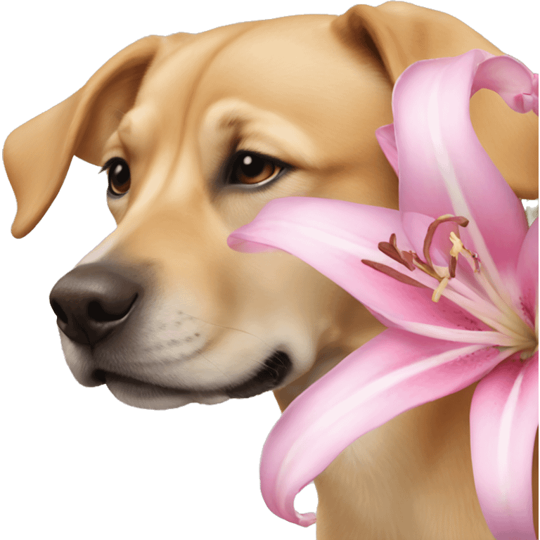 Dog smelling a pink lily emoji