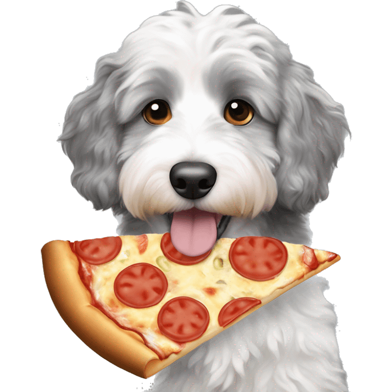 Grey and white miniature Aussiedoodle eating pizza emoji