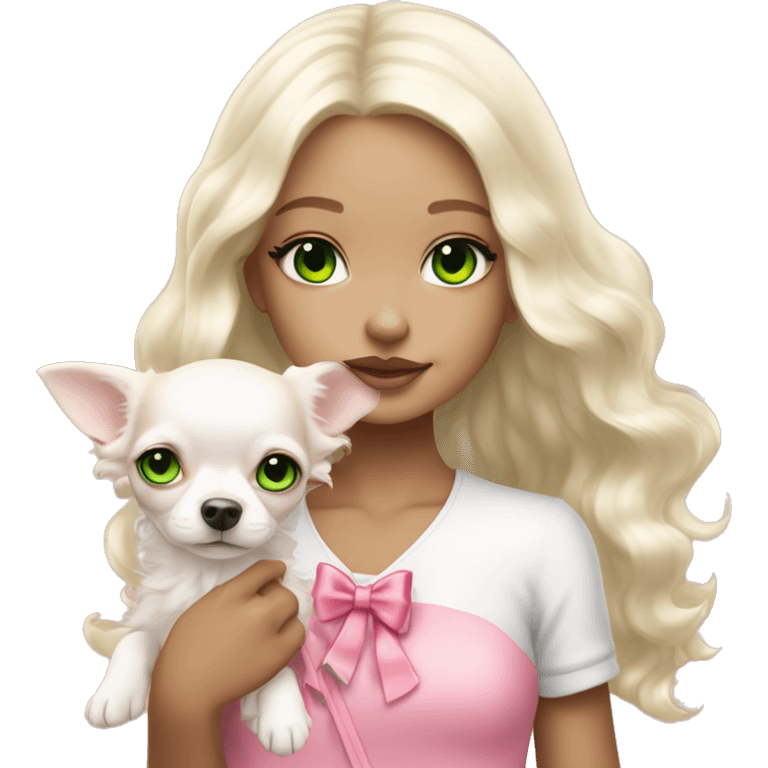 pale blond yt girl with wavy long platinum white hair with bright green eyes holding a white chihuahua puppy that wearing a pink bow emoji