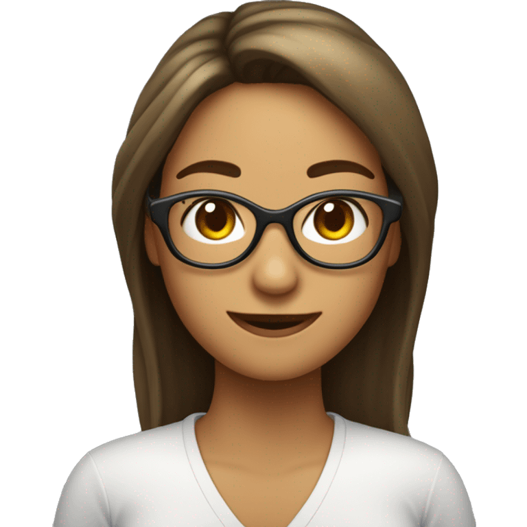 Una mujer de cabello castaño obscuro lizo con gafas sonriendo acarcagadas  emoji