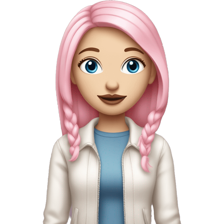 a beautiful girl with very fair skin, blue eyes and medium length straight soft pink hair, with pink lipstick on her lips. full length emoji