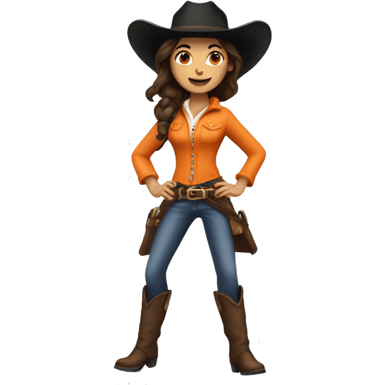 jumping brunette cow girl with tan skin, orange burnt coat, black hat emoji