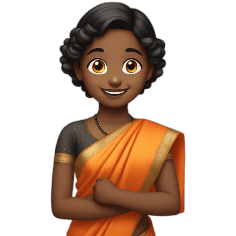 smiling and pointing 3 years old dark skin indian girl with black curly hair in pigtails wearing a orange saree emoji