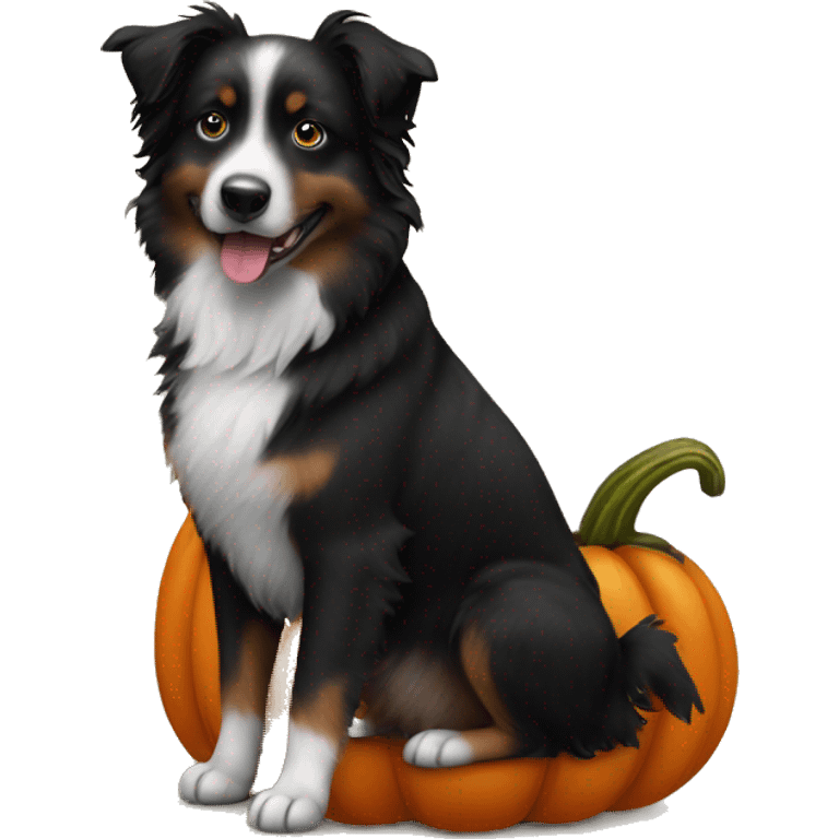 Small black australian shepherd dog in a pumpkin emoji