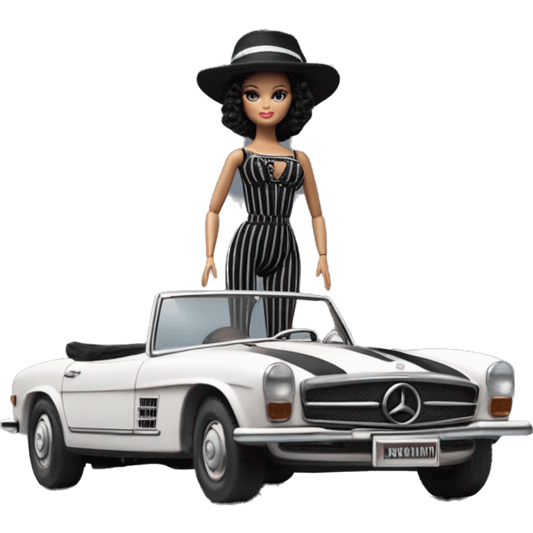 Bouclé Beauty Lingerie Barbie, 1965 Wednesday Addams from academy, in dark-gray and black striped outfit with hat. Driving 1978 Mercedes convertible sports car  emoji