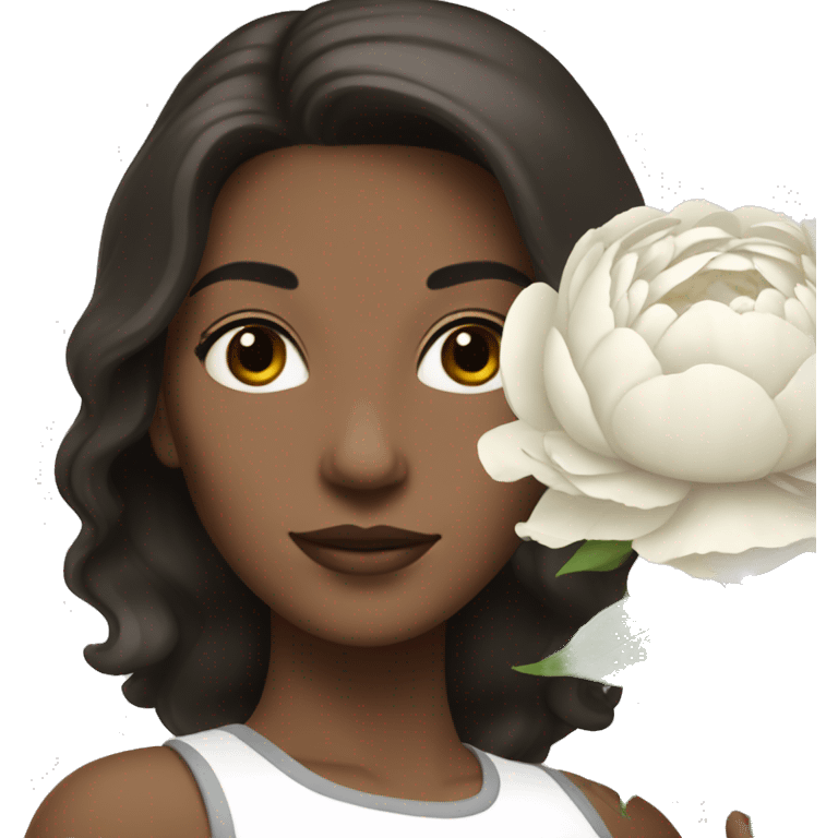 A white woman with shoulder length dark brown hair holding a bouquet of white peonies emoji