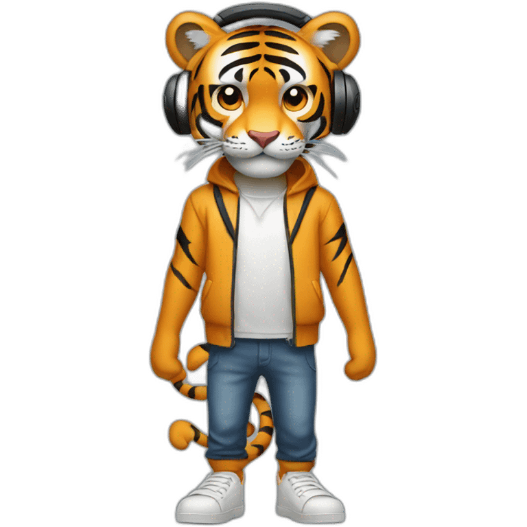 tiger standing on 2 feet wearing headphones emoji