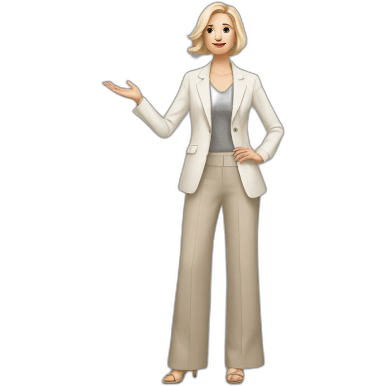 Full height Actively gesturing with hands pale skin woman with ash blonde Straightened bob Hair, White Spacious classical jacket, beige palazzo Arrow pants and gray blouse emoji