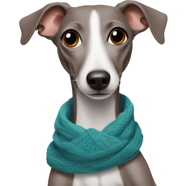 italian greyhound in the scarf, he is sitting on his butt emoji