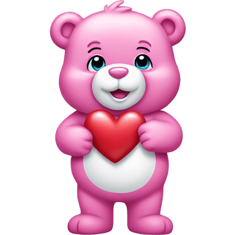 Pink care bear holding a heart emoji