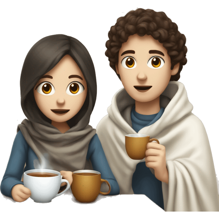 a boy white skin  dark hair and a girl with brown hair and white skin covered in a blanket are drinking tea emoji