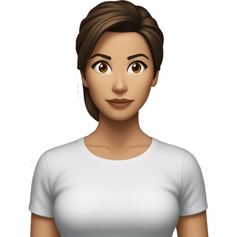 3/4 face, contrasted, shadow, light, Eva Longoria expression, standing from a distance, thin nose, brunette woman, hazel eyes, long eyelashes, dark shoulder shaded hair, white t-shirt, jeans, white sneakers emoji