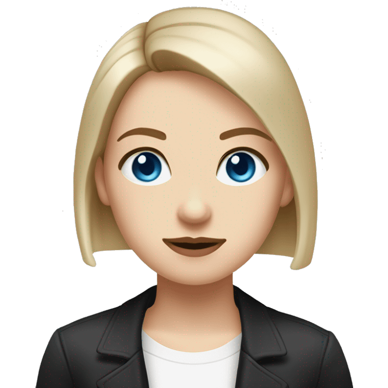 Slavic woman with blue eyes, fair skin, straight gradient from brown to blonde bob hair, goth eyes makeup, dressed in white T-shirt and office black jacket. emoji