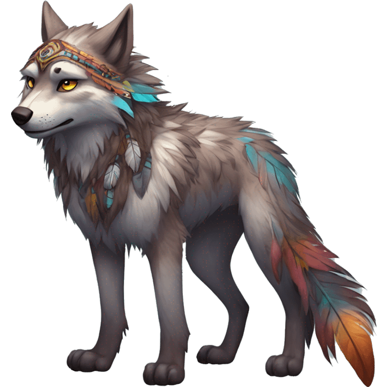 Anthro Fluffy Colorful Shy Spiritual Shamanic WereWolf-sona With Shiny Tribal Markings wearing feathers Full Body Detailed High Quality emoji