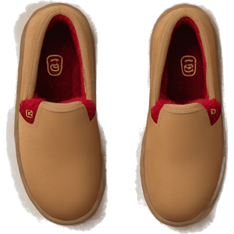 Camel color platform slip-on UGG slippers. thin red woven zig-zag trim line detail on the cuff emoji